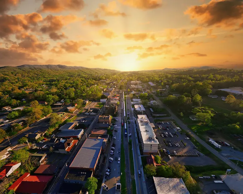 Aerial view of downtown Blue Ridge, Georgia at sunset in Fannin County