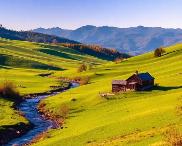 Green pasture valley with a barn and river near Marble, North Carolina