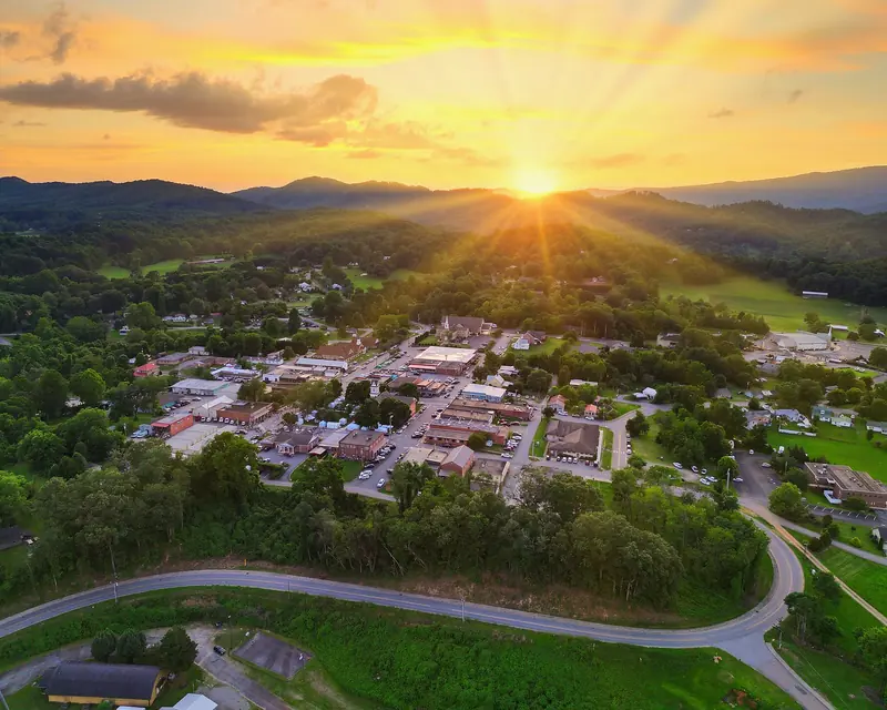 Aerial view of downtown Hayesville, North Carolina at sunset near Lake Chatuge